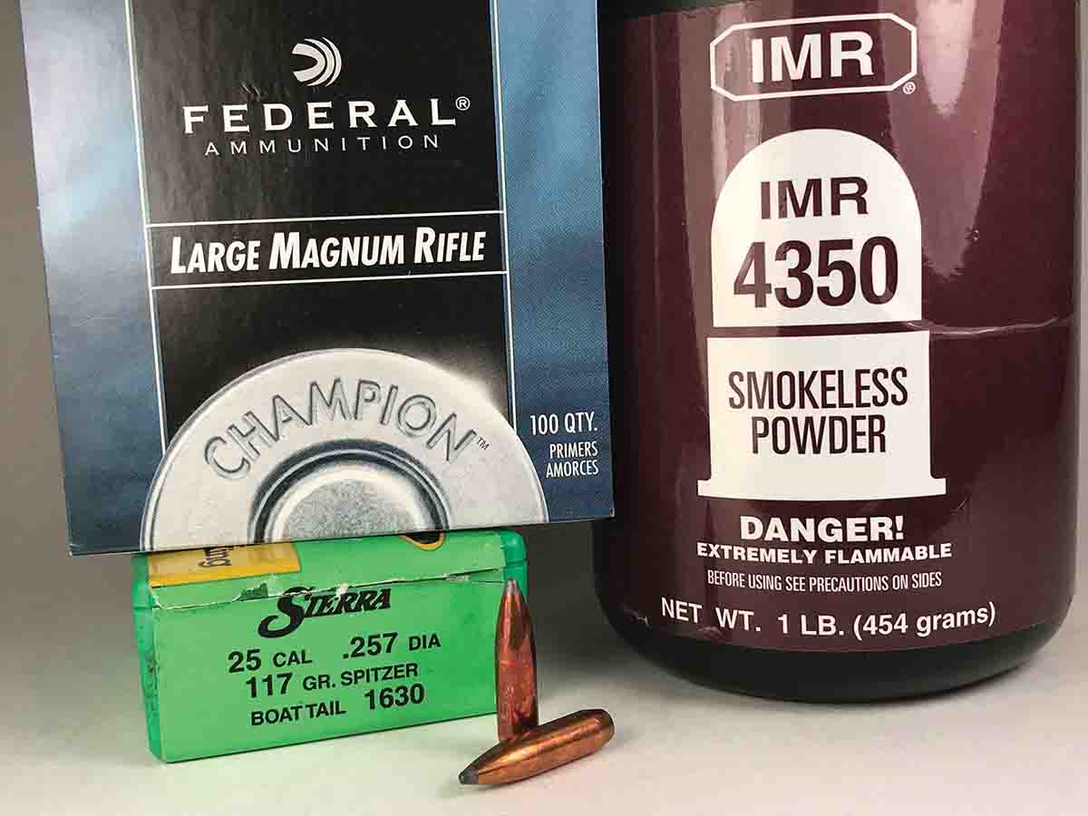 Sierra 117-grain GameKing SBT bullets, IMR-4350 powder and Federal 215 primers made an accurate combination in the Weatherby Mark V Altitude .257 Magnum rifle.